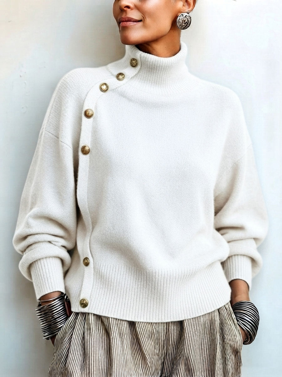 Chic Elegant Asymmetrical Button Turtleneck Sweater