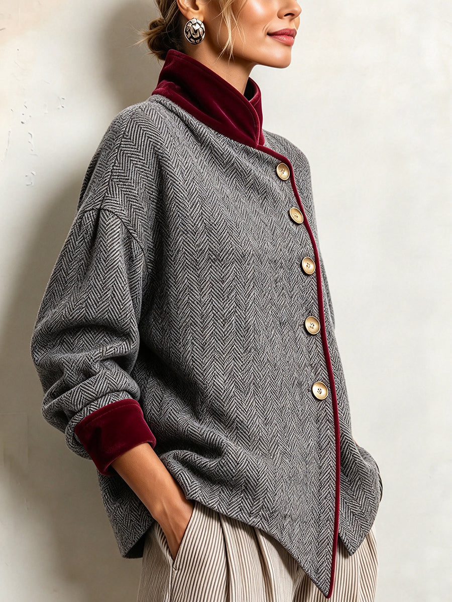 Vintage-style Patchwork Jacket In Burgundy Velvet And Herringbone Wool Blend