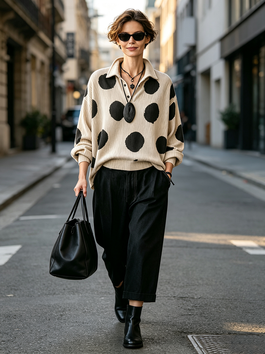 Cozy Oversized Polka Dot Lapel Collar Knit Top