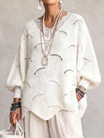 Loose-fit Knit Top With V-neck, Lace Inserts, Cut-out Details, And A Wavy Pattern
