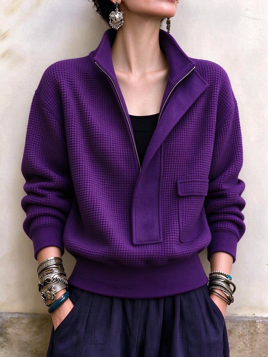 Women's Purple Waffle Knit Half-zip Pullover Sweater
