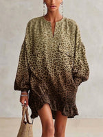 Gradient Leopard Stand Collar Half Placket Lantern Sleeve Ruffle Hem Loose Shirt Mini Dress