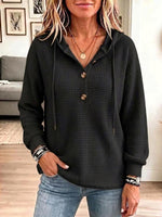 Women's Solid Color V-neck Long-sleeve Casual Loose Waffle Knit Hooded Top