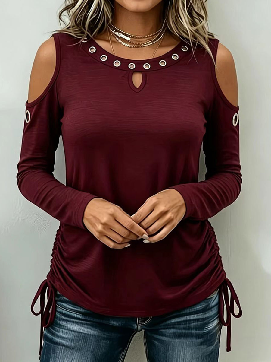 Sleek Grommet Cold-Shoulder Long-Sleeve Top