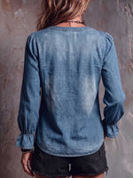 Women's V-neck Long-sleeved Casual Loose Denim Pullover