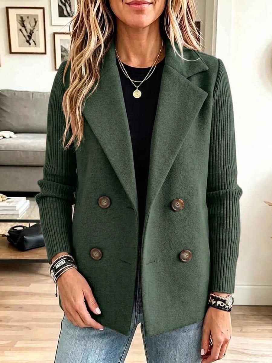 Women's Solid Color Collared Long Sleeve Casual Loose Knit Patchwork Jacket