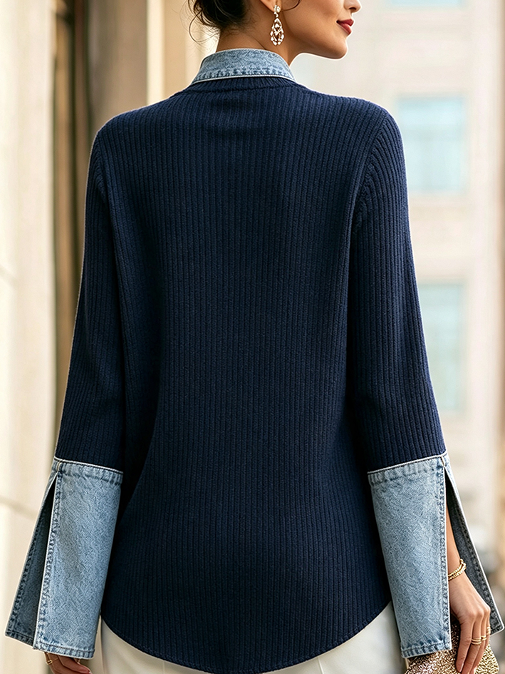 Elegant Stand-up Collar Denim Patchwork Knit Top