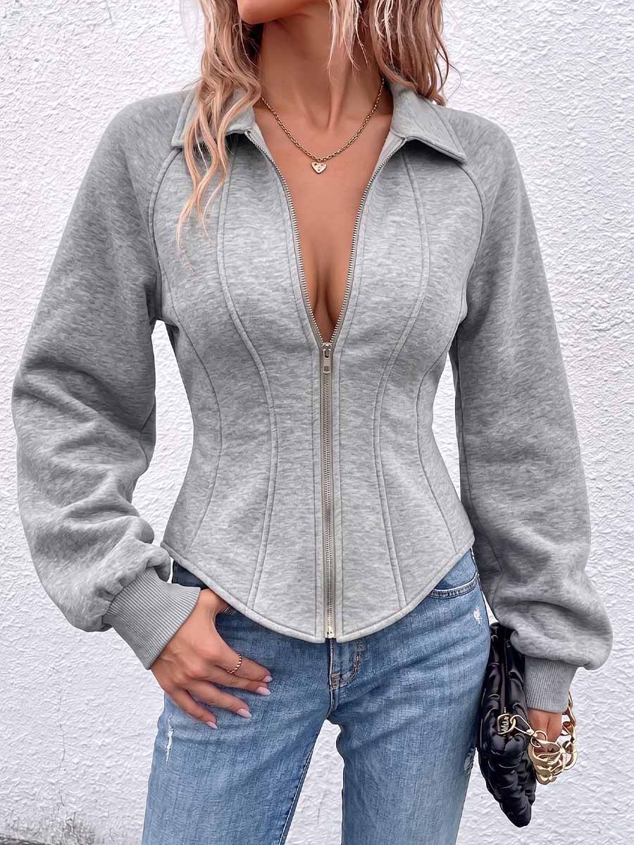Women's Solid Color Collared Long Sleeve Casual Loose Cardigan