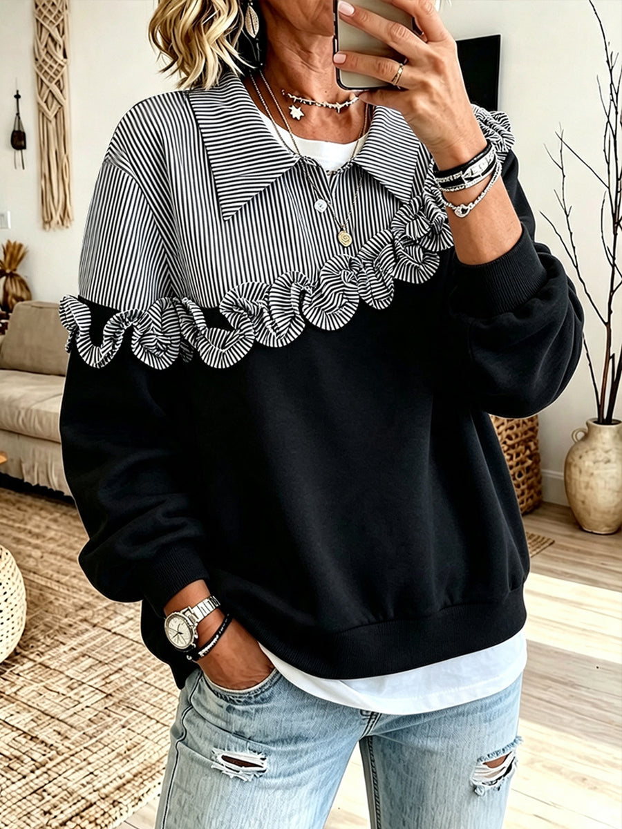 Casual Cotton Sweatshirt With Striped Ruffle Panels