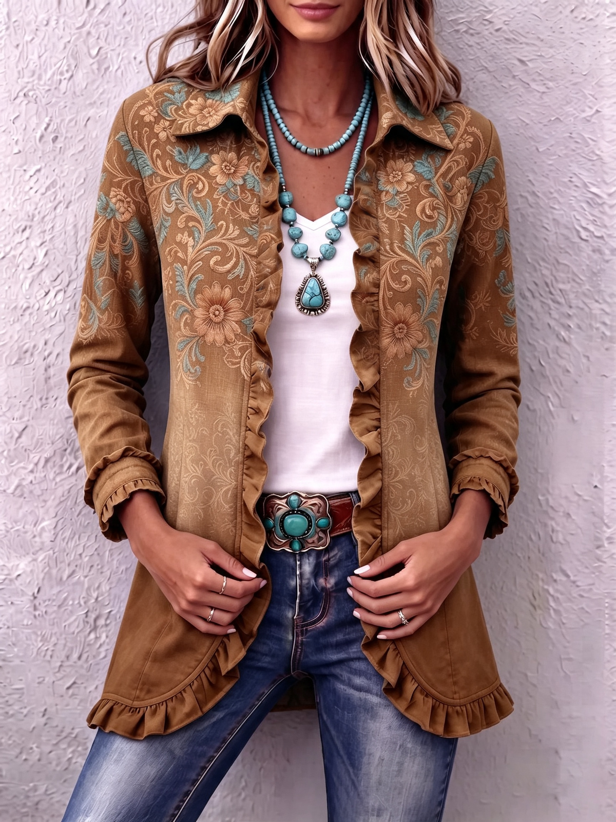 Bohemian Floral Ruffle Coat Jacket