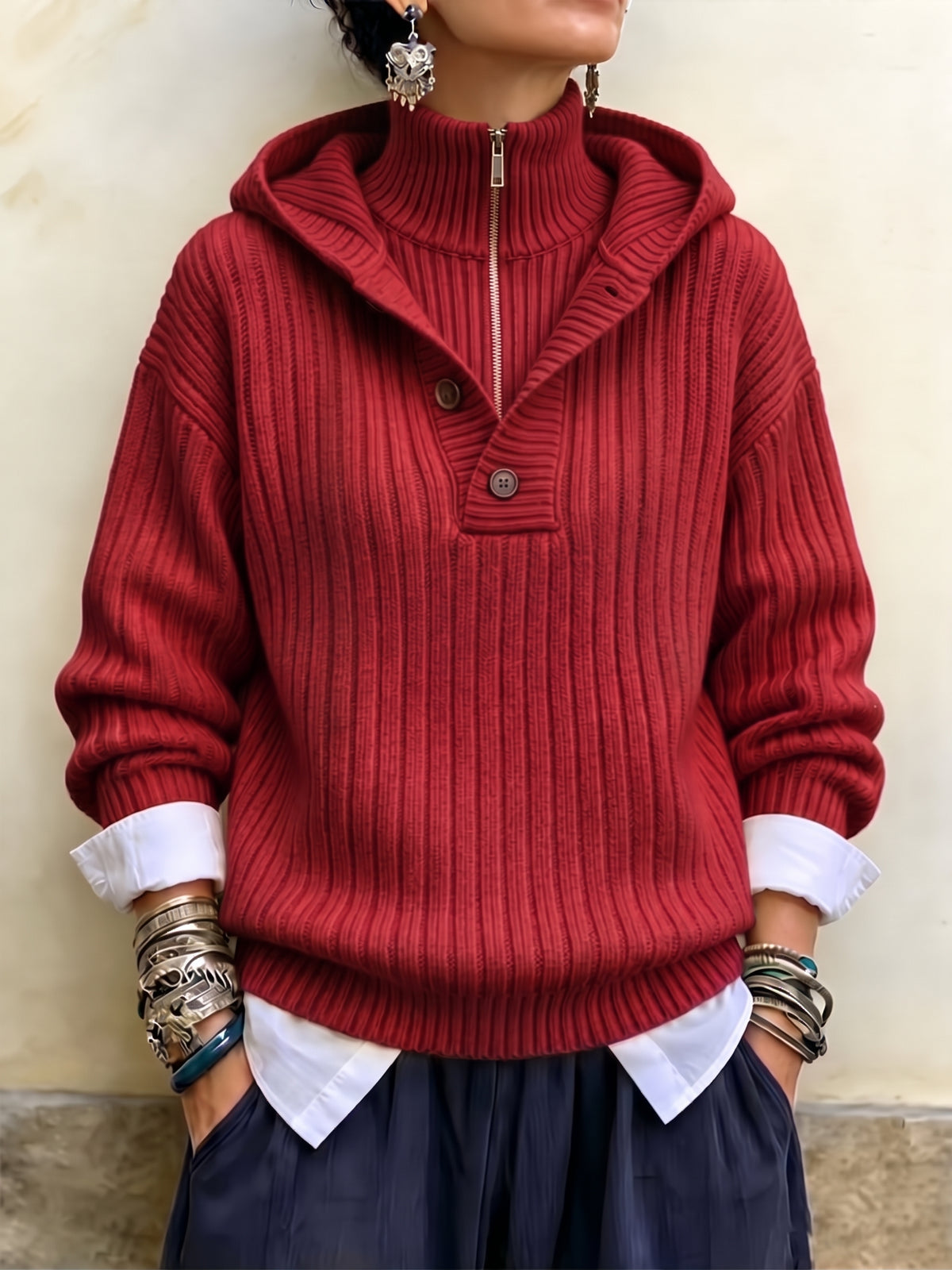 Sunlit Ribbed Knit Hooded Half-Zip Pullover