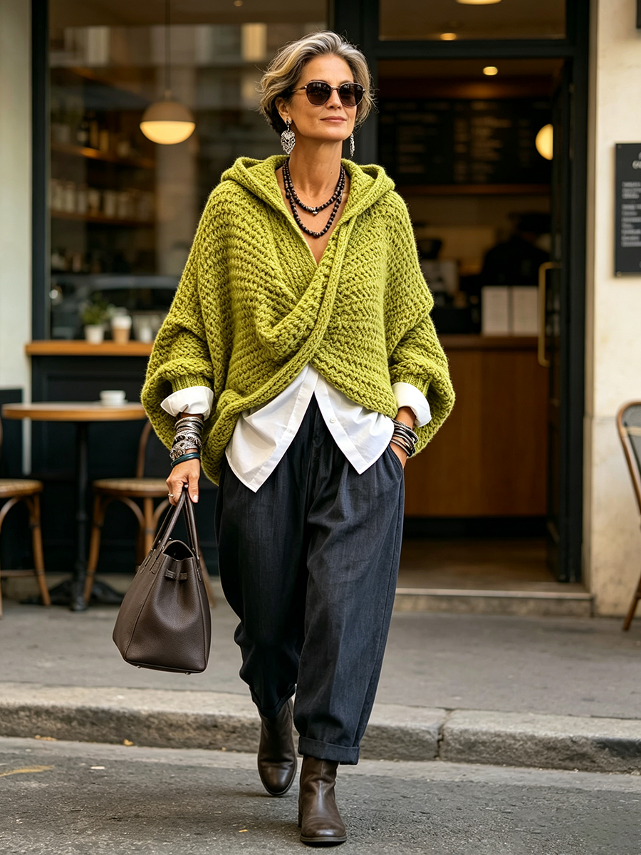 Relaxed Chic Green Knitted Hooded Crossover Sweater