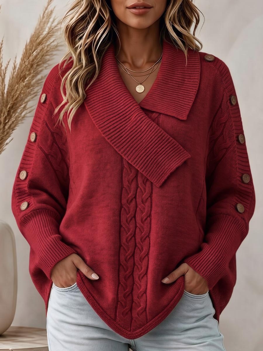 Women's Red Cable Knit Sweater with Asymmetrical Collar and Button Sleeves