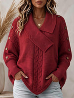 Women's Red Cable Knit Sweater with Asymmetrical Collar and Button Sleeves