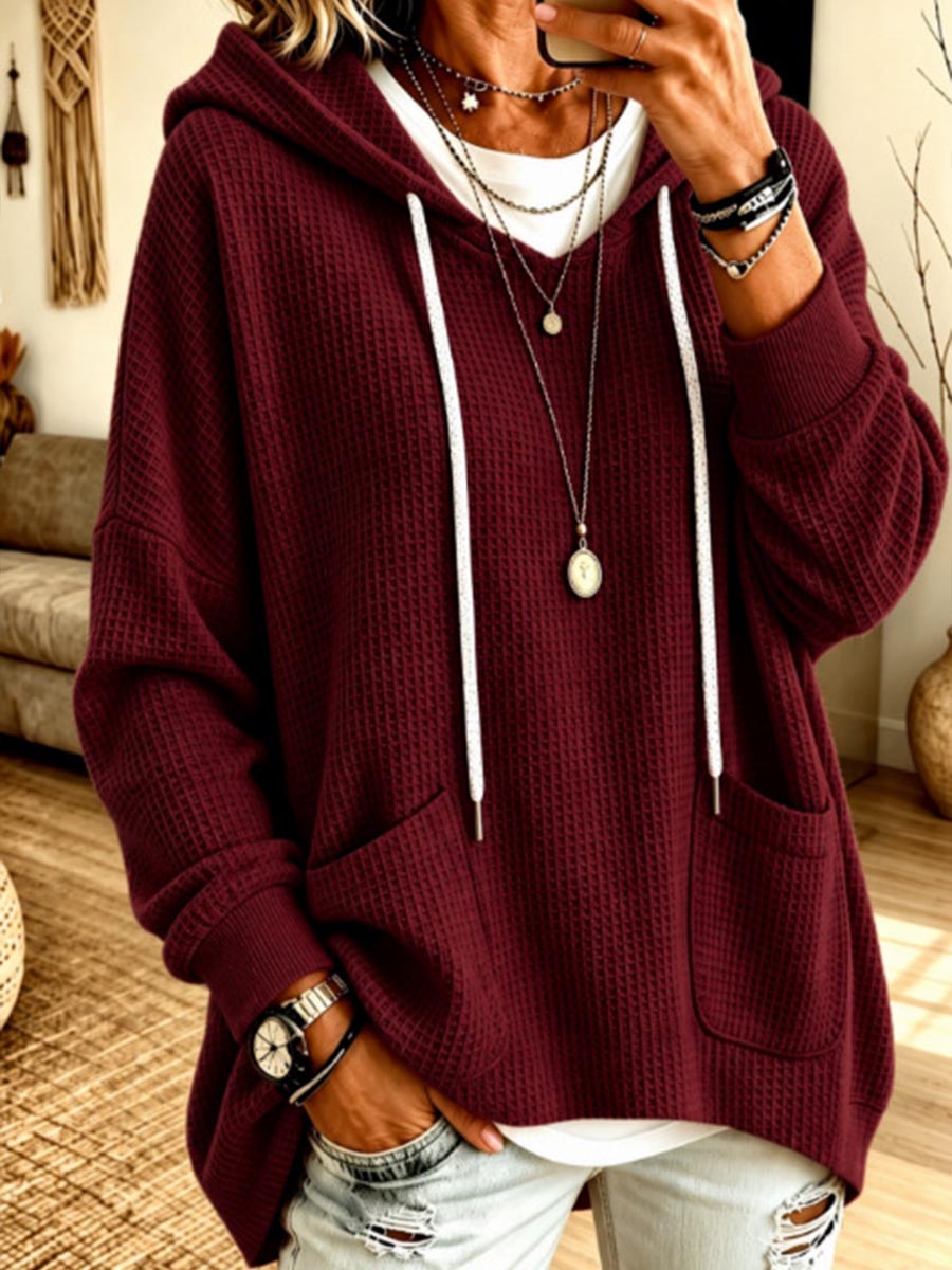 Women's Solid Color V-neck Long-sleeve Casual Loose Waffle Knit Hooded Top