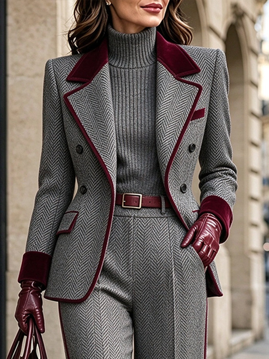 Vintage-inspired Elegant Herringbone Wool-blend Blazer