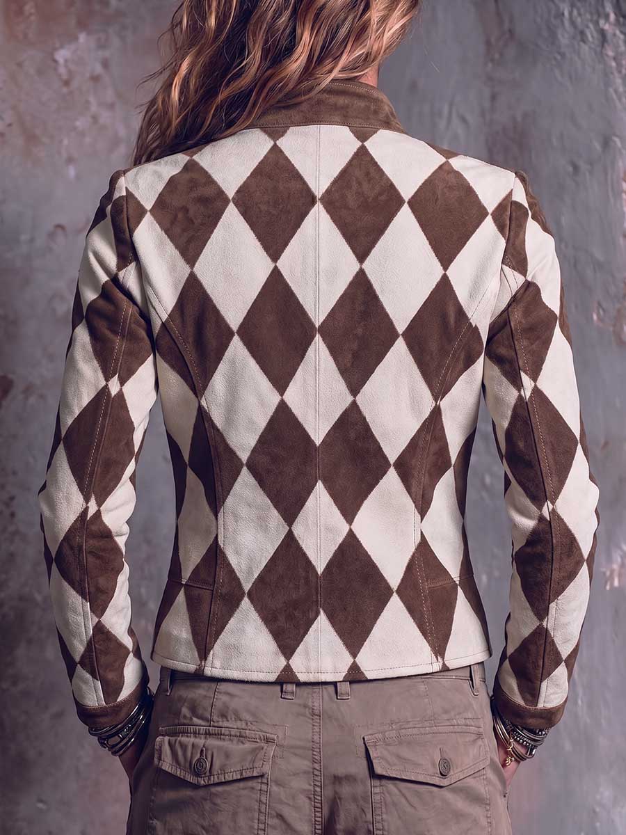 Women's Geometric Print Stand Collar Long-sleeved Casual Loose Faux Suede Jacket