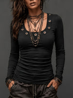 Women's Long Sleeve Ruched Top With Eyelet Neckline