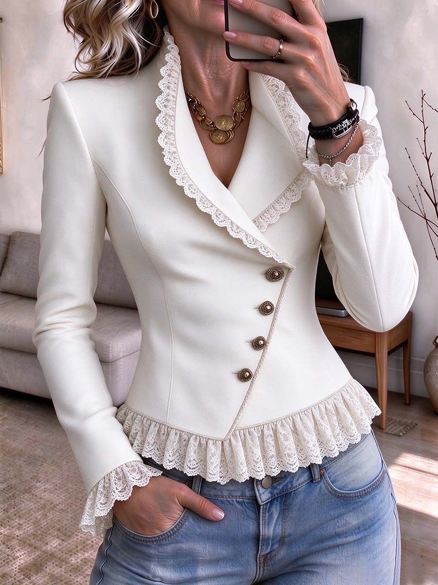 Women's Elegant White Lace Trim Asymmetrical Peplum Jacket