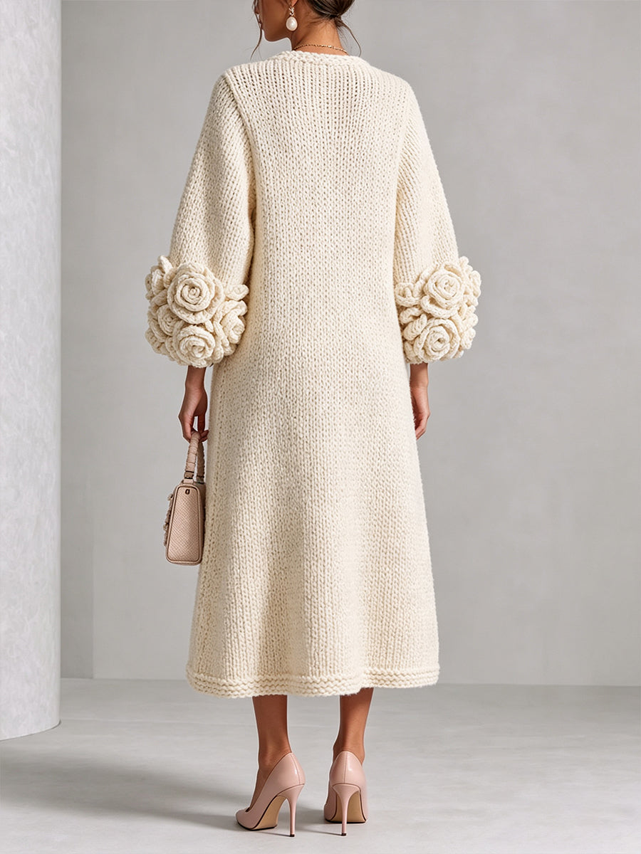 Elegant Ivory Textured Knit Button-Front Midi Dress