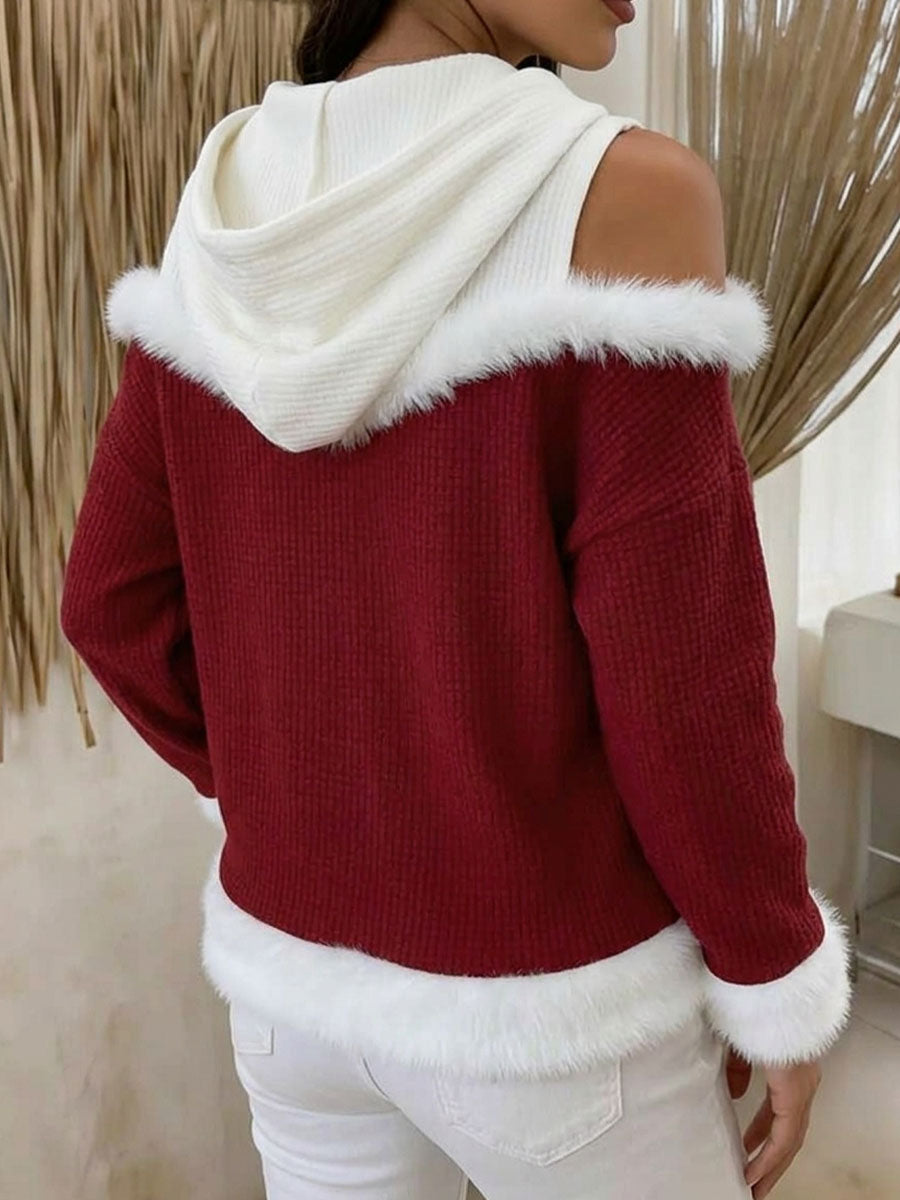 Women's Color Block Cold Shoulder Hoodie With Faux Fur Trim
