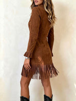 Western Style Faux Suede Fringe Hem Button-front Dress