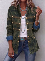 Vintage-style Camouflage Denim Jacket With A Stand Collar, Gold Buttons, And Raw Edges