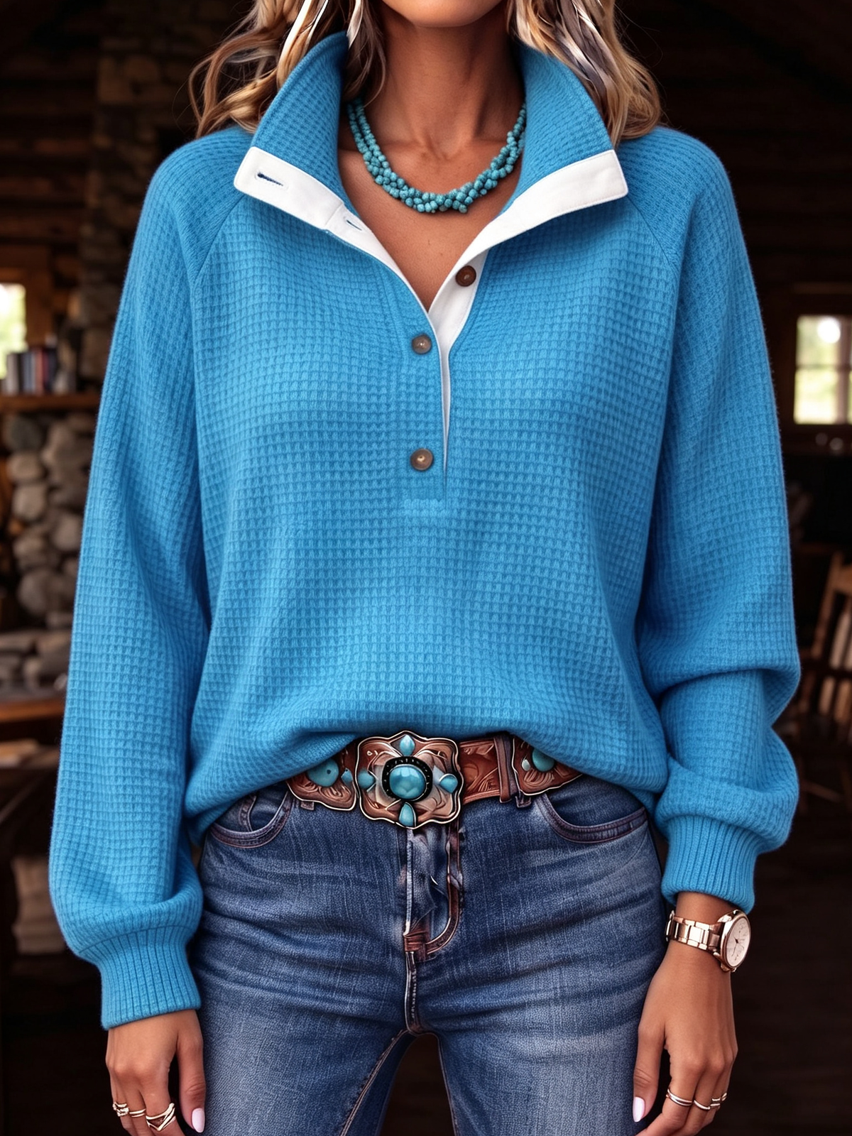 Casual Bohemian Stand-up Collar Waffle Pullover