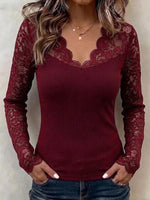 Slim-fit Long-sleeve Top With Scalloped V-neck And Lace Detailing