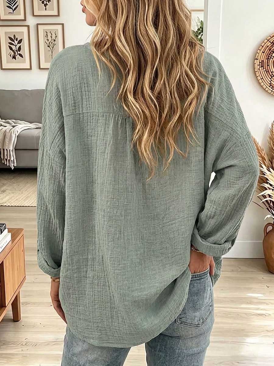 Casual V-Neck Long Sleeve Linen-Textured Blouse