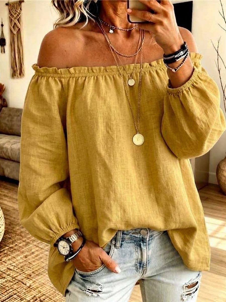 Women's Solid Color Off-shoulder Long-sleeved Casual Loose Cotton And Linen Top