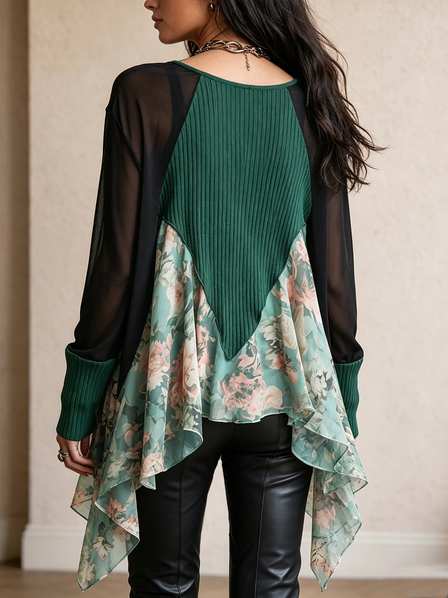Romantic Forest Green Floral Hem Layered Tunic Top