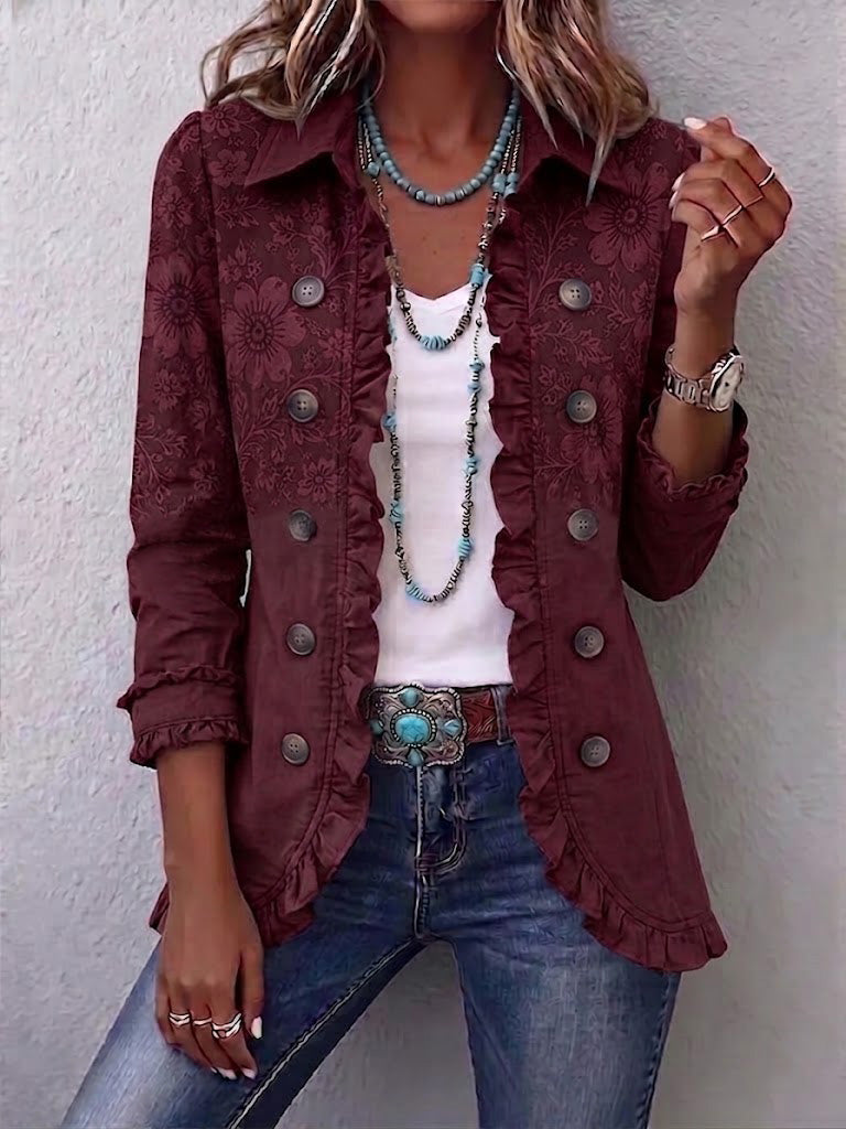 Boho-style Vintage Jacket With Subtle Floral Pattern And Ruffle Details.