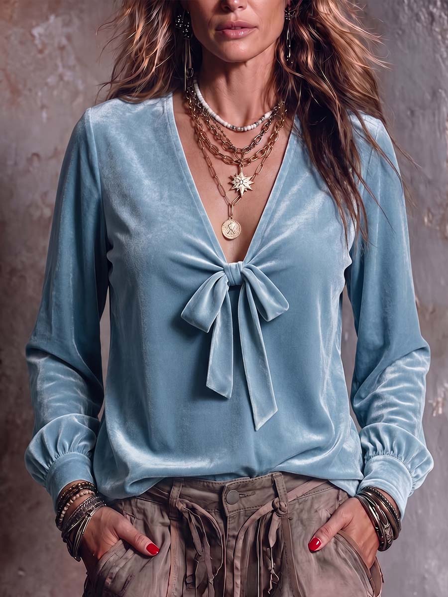 Women's Solid Color V-neck Tie-waist Long Sleeve Casual Loose Velvet Top