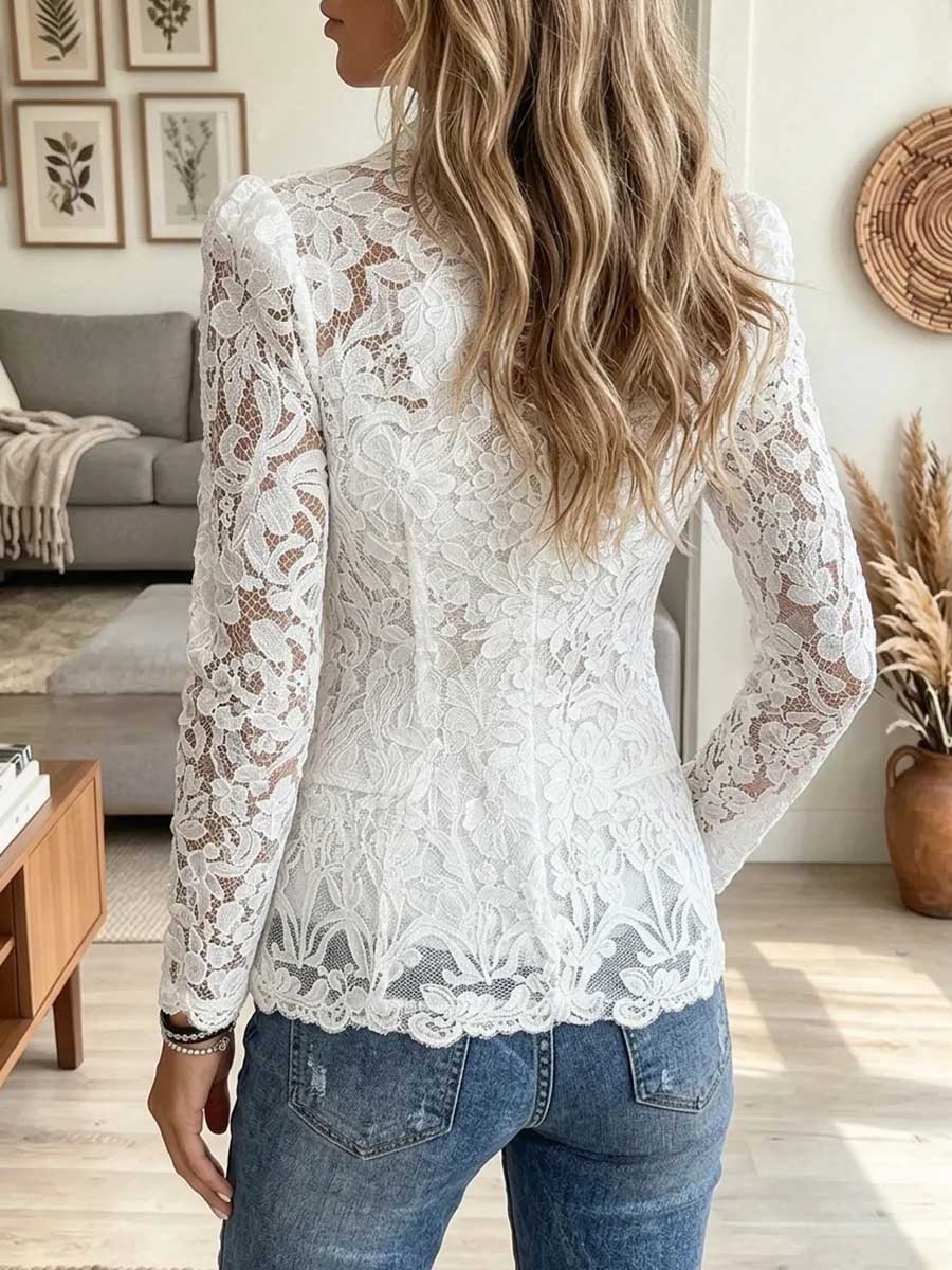 Women's Floral Lace Blazer Long Sleeve Sheer Button Down Tailored Suit Jacket