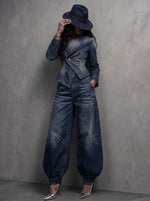 Chic Washed Denim Double-Breasted Peplum Blazer
