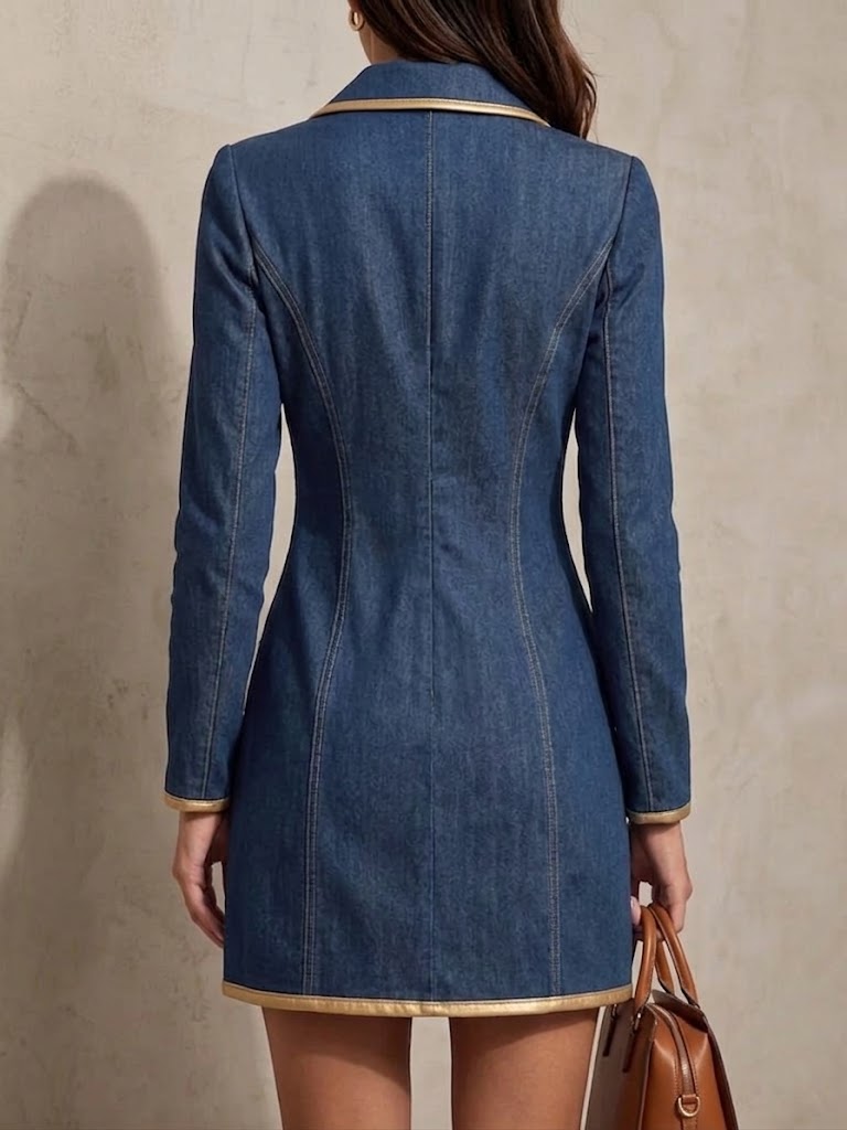 Gold‑trim Lapel Denim Mini Dress