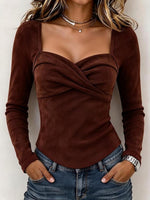 Women's Elegant Sweetheart Neck Twisted Front Long Sleeve Top