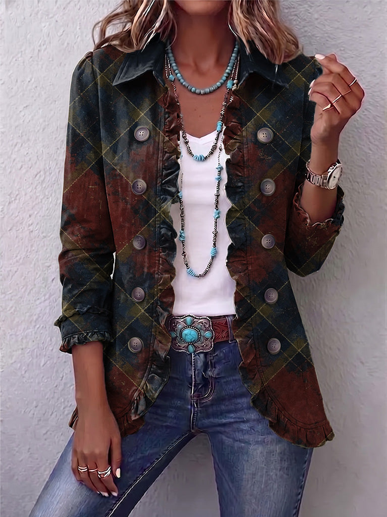 Boho-style Vintage Plaid Ruffle Jacket
