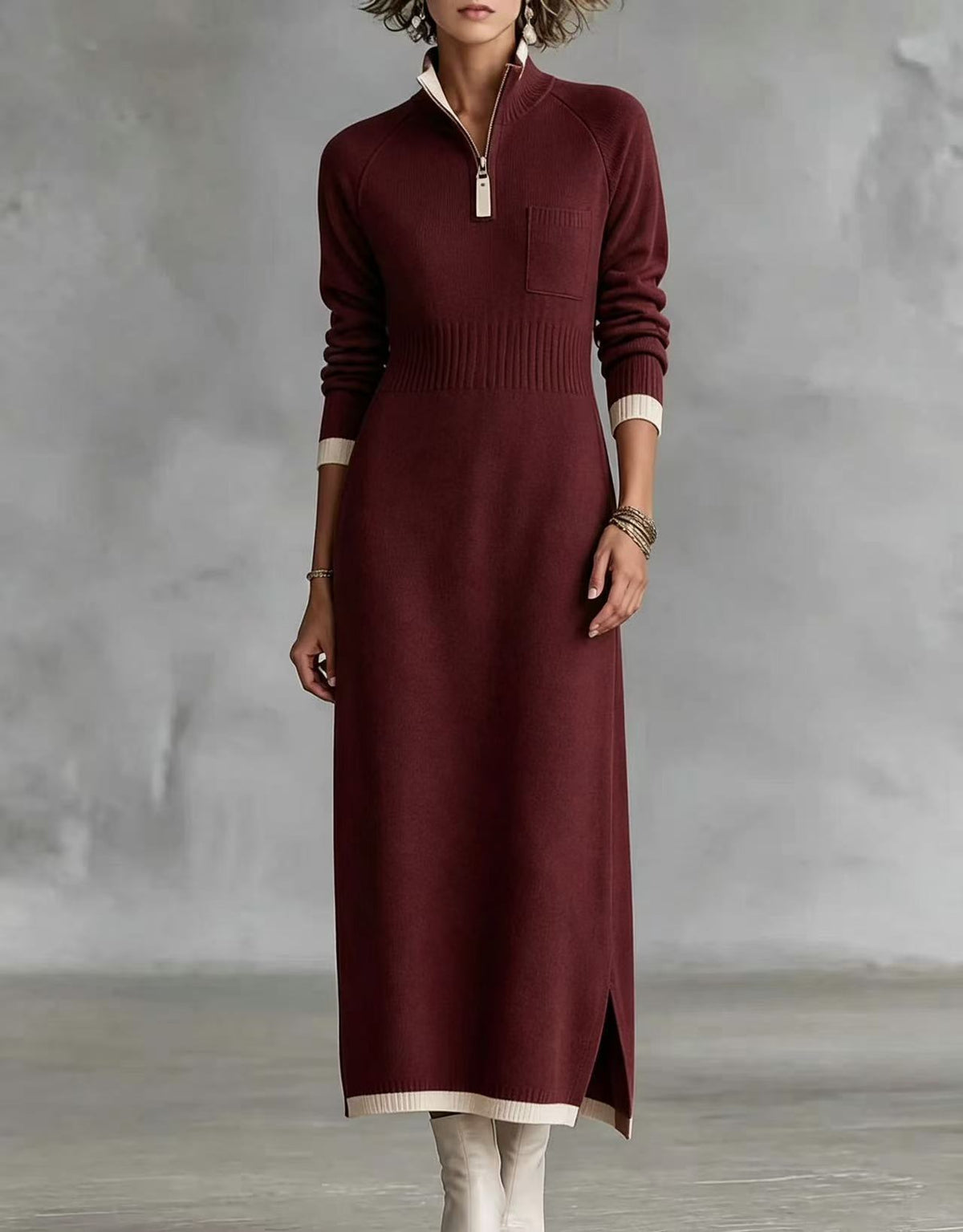 Chic Color-block Trim Quarter-zip Knit Midi Dress