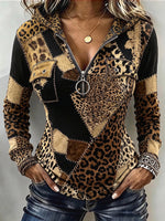 Chic Leopard Patchwork Zip-Up Hooded Knit Top