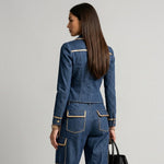 Stylish Casual Denim Zip-up Jacket With Gold Piping