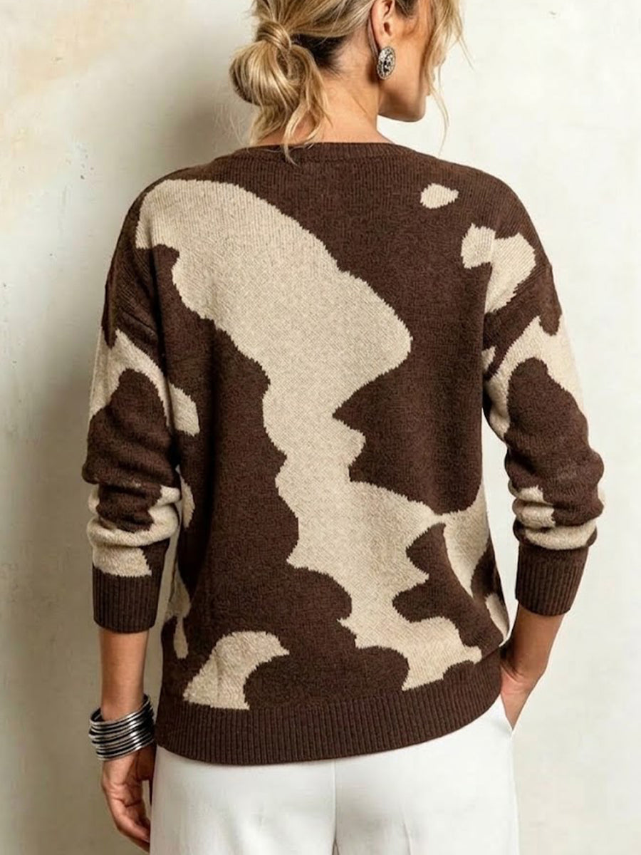 Color-block Abstract Jacquard Knit Cardigan With Diagonal Button Fastening