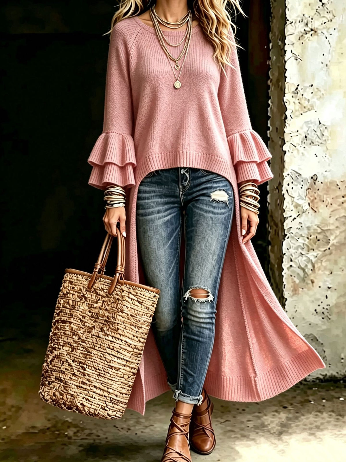 Chic Long-line Knitted Cardigan With Multi-layered Ruffled Sleeves