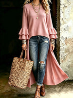 Chic Long-line Knitted Cardigan With Multi-layered Ruffled Sleeves