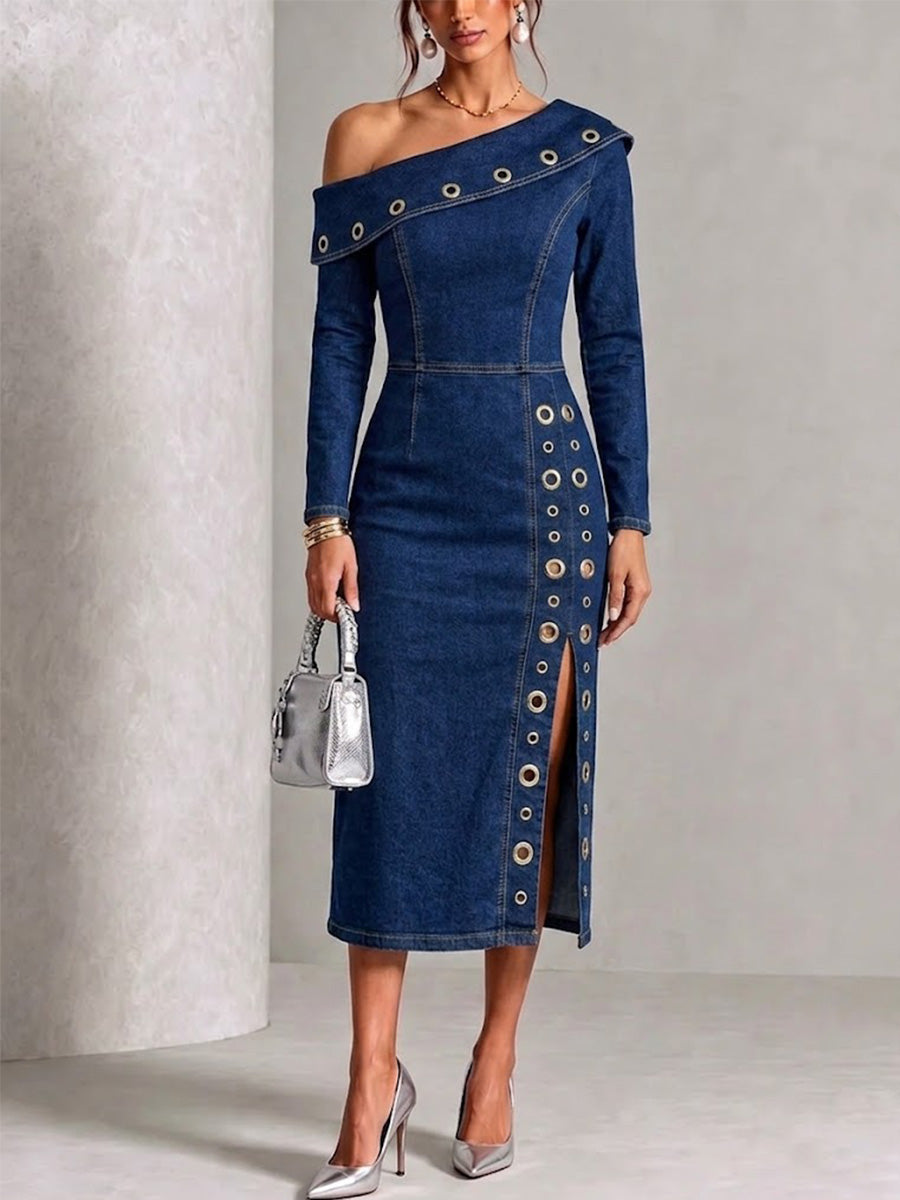 Off‑shoulder Metal Eyelet Slit Denim Midi Dress