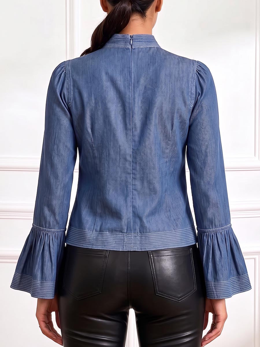 Women's Stand Collar Long Sleeve Casual Loose Denim Top