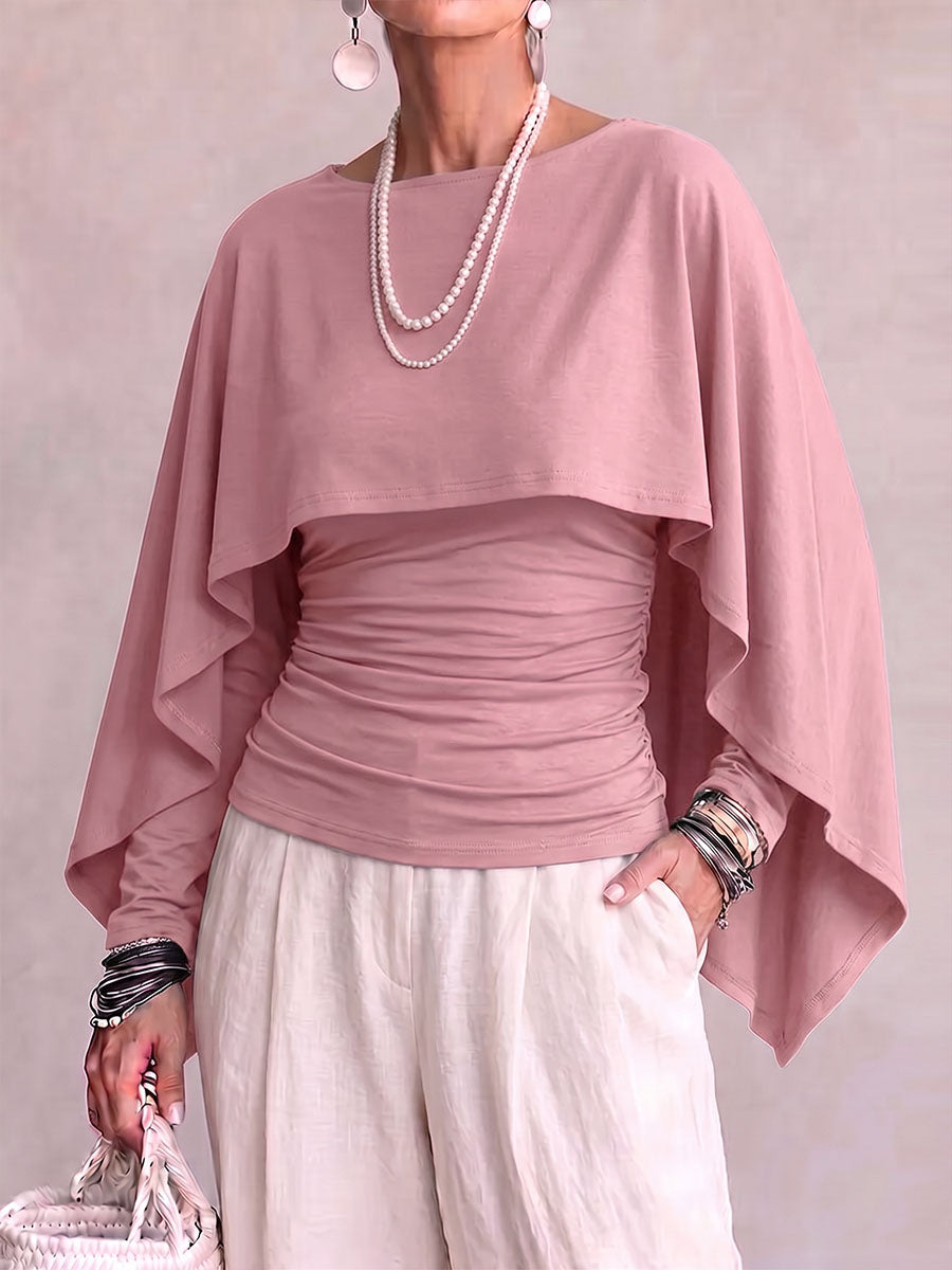 Women's Solid Color Round Neck Long-sleeved Casual Loose Cape-style Top