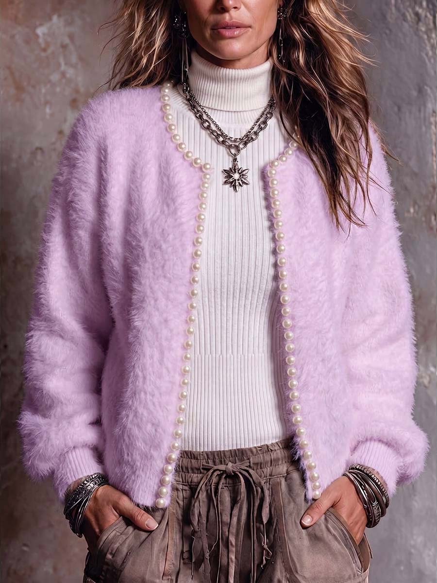 Women's Solid Color Round Neck Long Sleeve Beaded Casual Loose Knit Cardigan