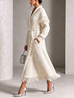 Cozy Fringed Cable-Knit Midi Cardigan Dress